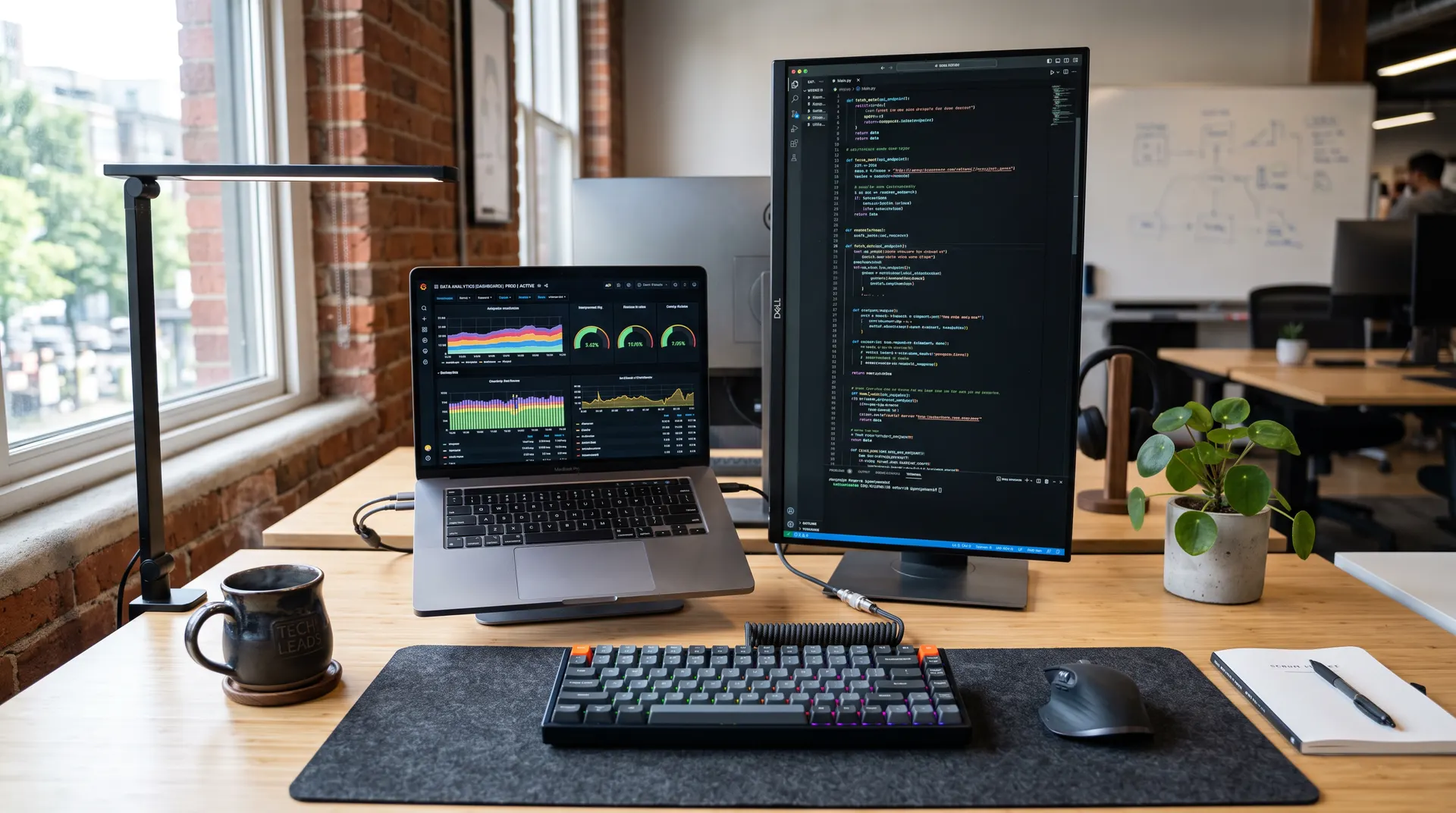A workstation with two monitors